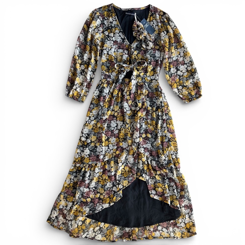 Abercrombie & Fitch XSP Yellow Plum Floral Ruffle HighLow Hem Midi Dress Cottage